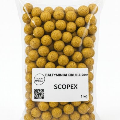 Baltyminiai kukuliai 20mm Scopex 1kg – geltoni boiliai pakuotėje