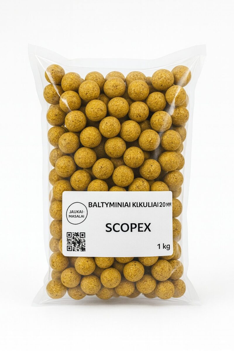 Baltyminiai kukuliai 20mm Scopex 1kg – geltoni boiliai pakuotėje