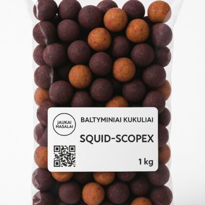 Baltyminiai kukuliai Squid-Scopex 1kg – tamsiai rudi boiliai pakuotėje