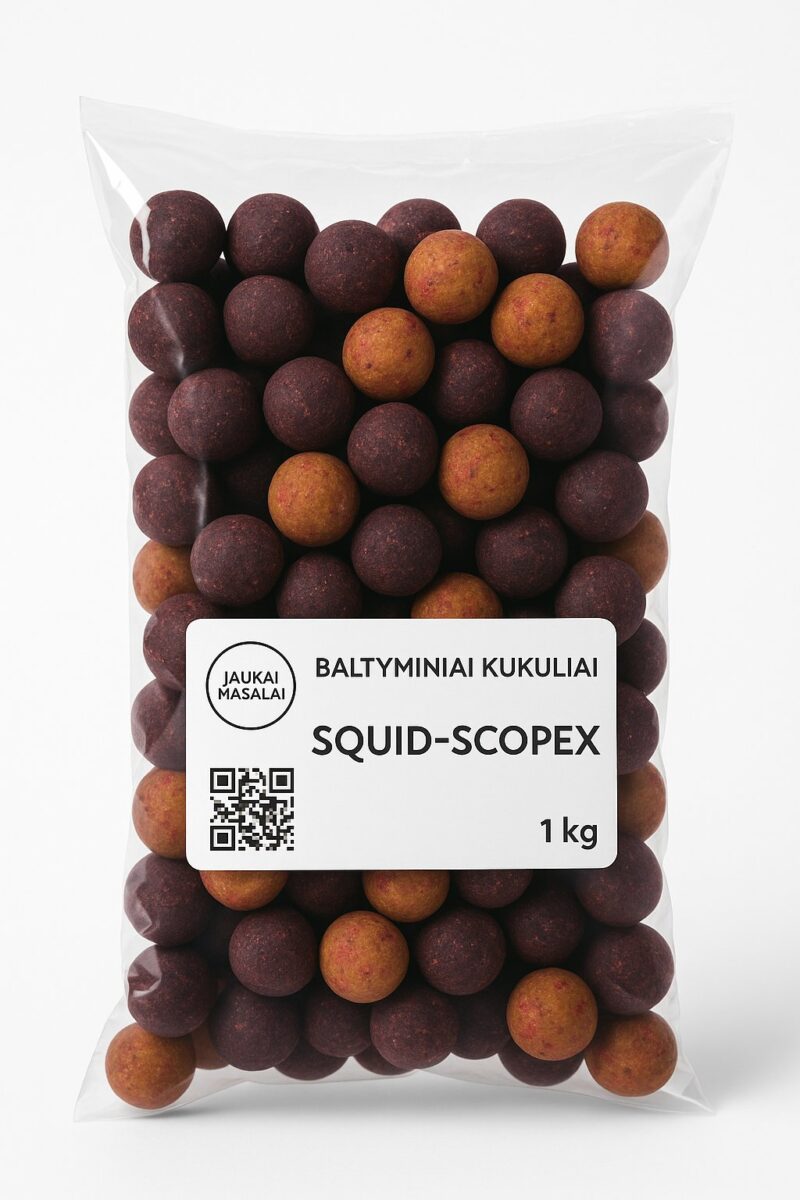 Baltyminiai kukuliai Squid-Scopex 1kg – tamsiai rudi boiliai pakuotėje