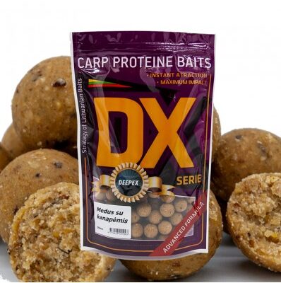 Baltyminiai kukuliai karpiams Medus su kanapėmis 18mm – auksinės rudos spalvos boiliai karpių žvejybai